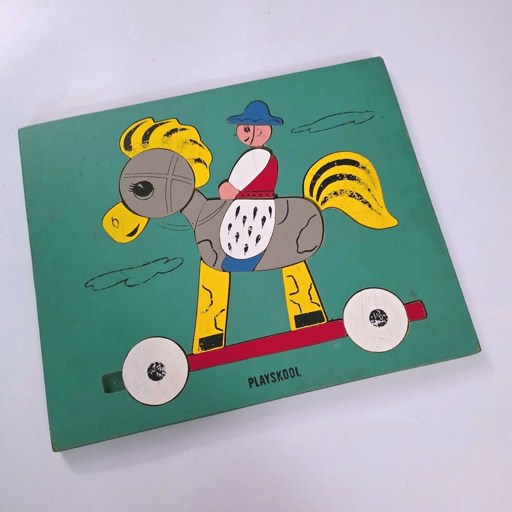 Playskool Vintage Wooden Tray Puzzle Horse Rider Green Multi 6-Piece Toddler